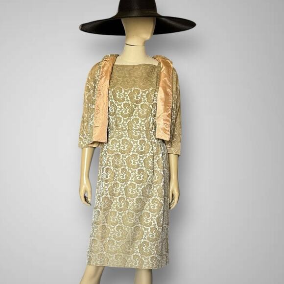1950s Carol Craig Brocade Cocktail Dress Jacket Set Gold Sheath Formal Vintage - Picture 6 of 16